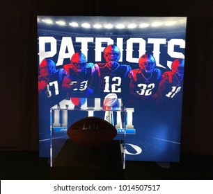Minneapolis, MN/USA- January 29, 2018 Football on display at the New England Patriots media area setup in Minneapolis.
