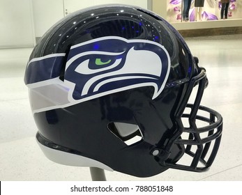 Minneapolis, MN/USA January 6, 2017 Seattle Seahawks Jumbo Helmet On Display For The Super Bowl LII.