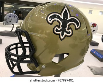 Minneapolis, MN/USA: January 6, 2018. New Orleans Saints Jumbo Helmet set up for Super Bowl LII. 