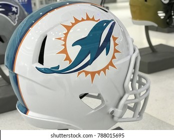 Minneapolis, MN/USA: January 8, 2018: Miami Dolphins Jumbo Helmet Set Up For Super Bowl LII.