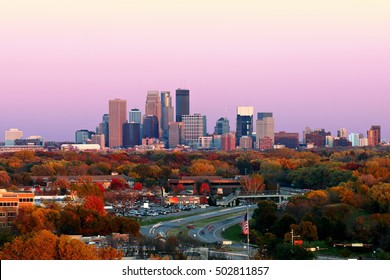 Minneapolis Skyline during Autumn at Sunset from Plymouth, Minnesota