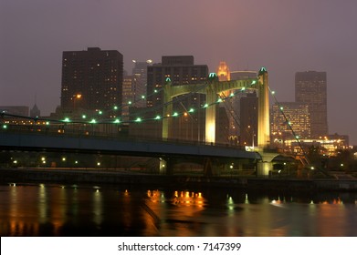 Minneapolis Skyline, Foggy Night At Dusk W/ Mississippi River And 3rd Avenue Bridge