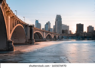 Minneapolis Skyline Frozen Mississippi River (Winter)