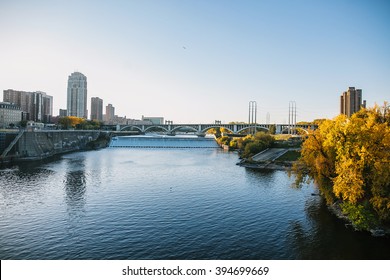 MINNEAPOLIS, USA - OCTOBER 12: Downtown Minneapolis, Minnesota view from the Stone Arch Bridge in autumn