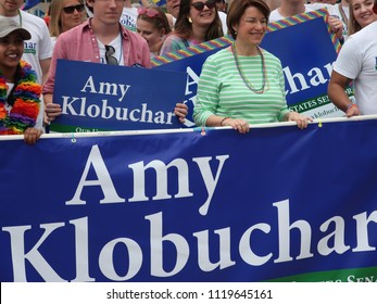 MINNEAPOLIS-JUNE 24: Senator Amy Klobuchar Of Minnesota Marching In The Twin Cities Pride Parade, On June 24,2018.