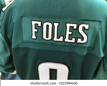 Minneapolis,MN/USA- February 2, 2018. The nameplate from a jersey of the quarterback of the Philadelphia Eagles Nick Foles worn by a fan in the mall. 
