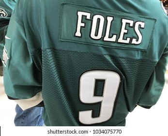 Minneapolis,MN/USA- February 2, 2018. The Nameplate And Number From A Jersey Of The Quarterback Of The Philadelphia Eagles Nick Foles Worn By A Fan In The Mall In Town For The Super Bowl.