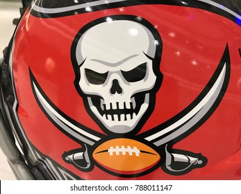 Minneapolis,MN/USA: January 8, 2018: Tampa Bay Buccaneers Logo Closeup From Jumbo Helmet On Display For Super Bowl LII.