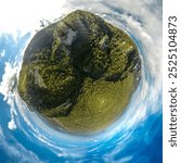 minor planet view - caves on a mountain slope overgrown with green forest in the vicinity of the village of Guamka (Western Caucasus, Russia) on a sunny summer day