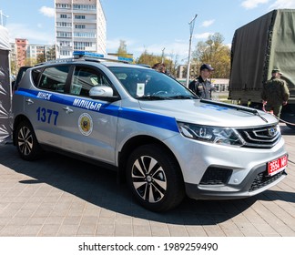 Minsk. Belarus. 0506.2021. Belarusian Police Car. There Is A Rubber Police Baton On The Hood Of The Car.