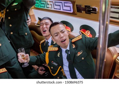 Minsk, Belarus - 06/29/2019. A group of officers, lieutenants, Vietnamese in dress uniform.