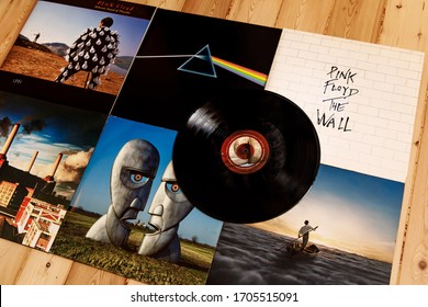 Minsk, Belarus - 07.04.2020: Pink Floyd Vinyl Collection on wooden background