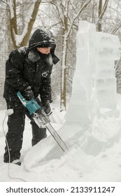 MINSK, BELARUS - 1 March, 2022: Artist Creates Ice Sculpture