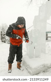 MINSK, BELARUS - 1 March, 2022: Artist Creates Ice Sculpture