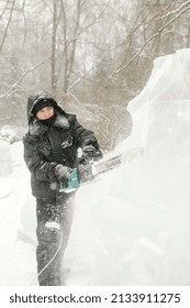 MINSK, BELARUS - 1 March, 2022: Artist Creates Ice Sculpture