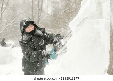 MINSK, BELARUS - 1 March, 2022: Artist Creates Ice Sculpture