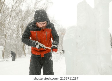 MINSK, BELARUS - 1 March, 2022: Artist Creates Ice Sculpture