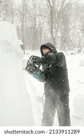 MINSK, BELARUS - 1 March, 2022: Artist Creates Ice Sculpture