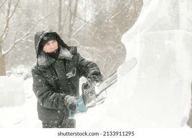 MINSK, BELARUS - 1 March, 2022: Artist Creates Ice Sculpture