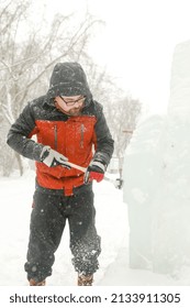 MINSK, BELARUS - 1 March, 2022: Artist Creates Ice Sculpture