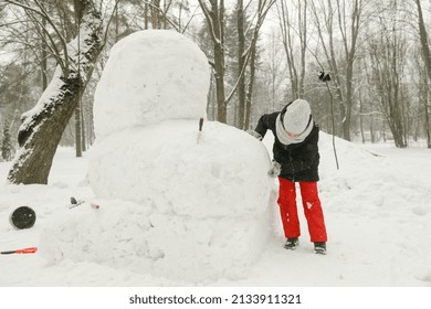 MINSK, BELARUS - 1 March, 2022: Artist Creates Ice Sculpture