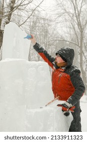 MINSK, BELARUS - 1 March, 2022: Artist Creates Ice Sculpture