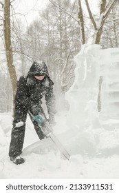 MINSK, BELARUS - 1 March, 2022: Artist Creates Ice Sculpture