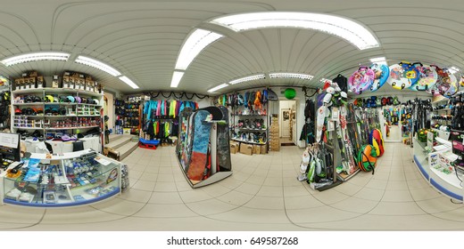 MINSK, BELARUS - 1 MAY 2017: Interior of Shop of winter sports equipment. Full 360 degrees panorama in equirectangular equidistant spherical projection. skybox for VR content