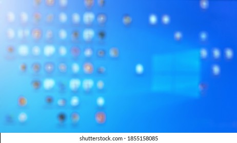 Minsk, Belarus, 11 October 2020: Opened Laptop Screen With Blured Windows System And Folders On Desktop Front View