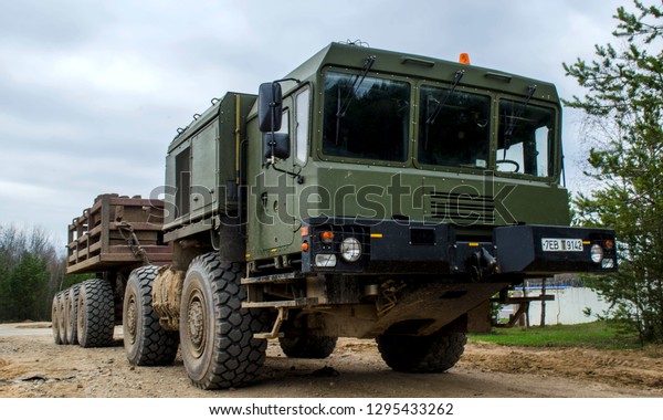 Minsk, Belarus 12.05.2017:  Special wheeled
chassis VOLAT MZKT-792911 12×12 for a self-propelled launcher P222
of the Russian long-range anti-missile defense system Nudol,
developed by Almaz-Antey
