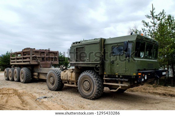 Minsk, Belarus 12.05.2017:  Special wheeled\
chassis VOLAT MZKT-792911 12×12 for a self-propelled launcher P222\
of the Russian long-range anti-missile defense system Nudol,\
developed by Almaz-Antey