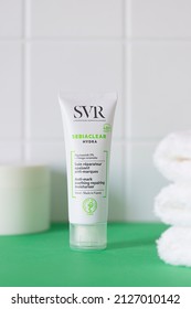 Minsk, Belarus - 15 November 2021. French Pharmacy SVR Sebiaclear Hydra Moisturiser Tube. Close Up	
