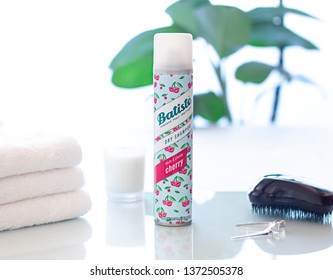 Minsk, Belarus - 17 April 2019. Batiste dry shampoo aerosol in the bathroom close up
