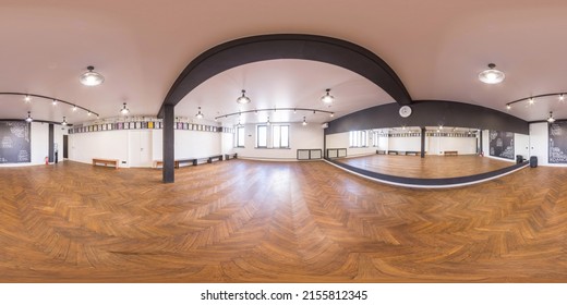 MINSK, BELARUS - 2018: 360 Degree Panoramic Sphere Photo Of The Dansing School Showing The Dance Studio With Full Mirror Wall And Concrete Floor