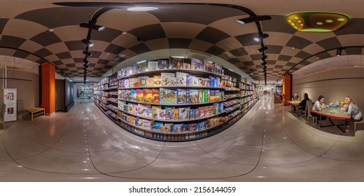 MINSK, BELARUS - 2019: 360 Seamless Hdri Panorama Of The Board Game Store, Board Games In Equirectangular Spherical Projection, Ready AR VR Virtual Reality Content