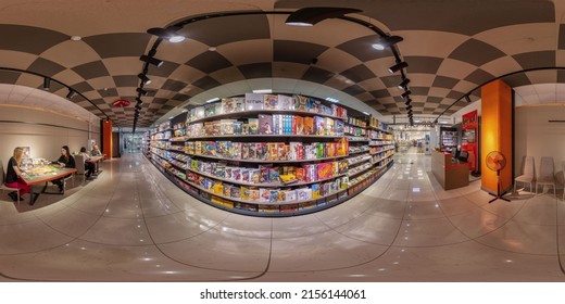 MINSK, BELARUS - 2019: 360 Seamless Hdri Panorama Of The Board Game Store, Board Games In Equirectangular Spherical Projection, Ready AR VR Virtual Reality Content