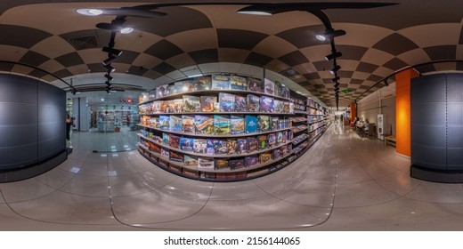 MINSK, BELARUS - 2019: 360 Seamless Hdri Panorama Of The Board Game Store, Board Games In Equirectangular Spherical Projection, Ready AR VR Virtual Reality Content