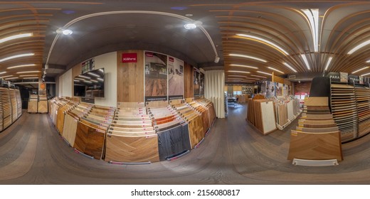 MINSK, BELARUS - 2020: Full Spherical Seamless Hdri Panorama 360 Degrees Angle Inside Floor Shop, Laminate, Parquet, Quartz Vinyl Shop In Equirectangular Projection, VR AR Content