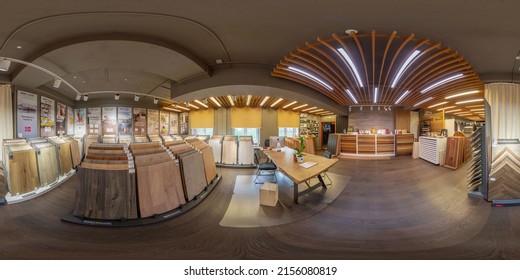 MINSK, BELARUS - 2020: Full Spherical Seamless Hdri Panorama 360 Degrees Angle Inside Floor Shop, Laminate, Parquet, Quartz Vinyl Shop In Equirectangular Projection, VR AR Content