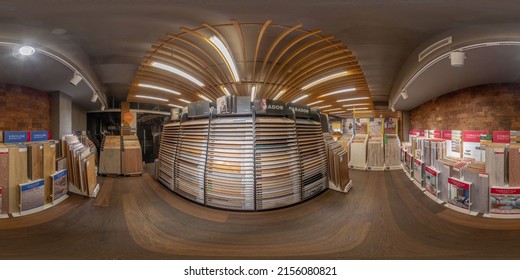 MINSK, BELARUS - 2020: Full Spherical Seamless Hdri Panorama 360 Degrees Angle Inside Floor Shop, Laminate, Parquet, Quartz Vinyl Shop In Equirectangular Projection, VR AR Content