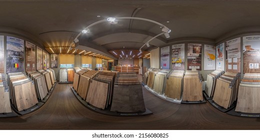 MINSK, BELARUS - 2020: Full Spherical Seamless Hdri Panorama 360 Degrees Angle Inside Floor Shop, Laminate, Parquet, Quartz Vinyl Shop In Equirectangular Projection, VR AR Content