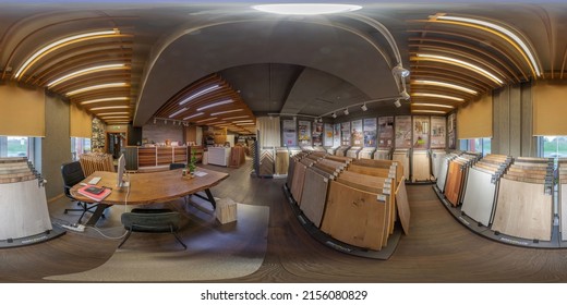 MINSK, BELARUS - 2020: Full Spherical Seamless Hdri Panorama 360 Degrees Angle Inside Floor Shop, Laminate, Parquet, Quartz Vinyl Shop In Equirectangular Projection, VR AR Content