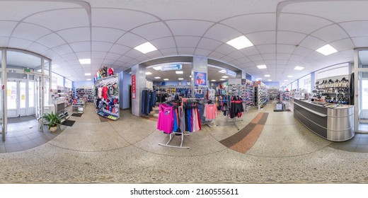 MINSK, BELARUS - 2020: Full Spherical Seamless Hdri Panorama 360 Degrees. Sports Shop, Sporting Goods Store With Goods For Tourism And Sports