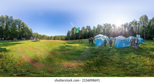 MINSK, BELARUS - 2021: 360 Seamless Hdri Panorama Kids Camp, Tent City In Equirectangular Spherical Projection, Ready AR VR Virtual Reality Content