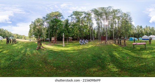 MINSK, BELARUS - 2021: 360 Seamless Hdri Panorama Kids Camp, Tent City In Equirectangular Spherical Projection, Ready AR VR Virtual Reality Content