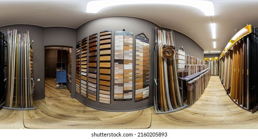 MINSK, BELARUS - 2021: Full Spherical Seamless Hdri Panorama 360 Degrees Angle Inside Floor Shop, Laminate, Parquet, Quartz Vinyl Shop In Equirectangular Projection, VR AR Content