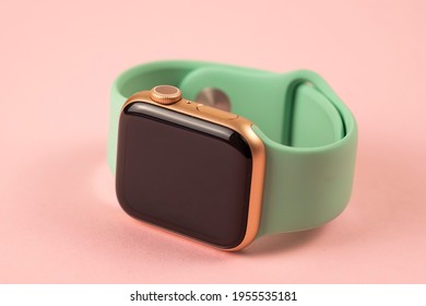 Minsk, Belarus - April 14, 2021: Apple Watch With Mint Silicone Strap. Sport Watch Concept