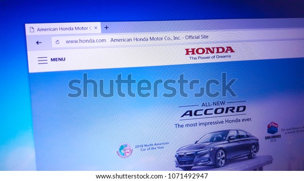 Minsk, Belarus - April 17, 2018:\
The homepage of the official website for Honda Motor Company, Ltd.,\
a Japanese public multinational conglomerate\
corporation