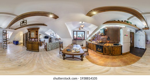 MINSK, BELARUS -  APRIL 2020: full seamless hdri panorama 360 angle in kitchen in studio apartments on mansard floor in vacation house in equirectangular spherical projection.VR content