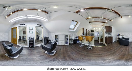 MINSK, BELARUS - APRIL, 2021: Full Seamless Hdr 360 Panorama In Interior Prestige Modern Beauty Spa Studio Salon Or Barbershop In Equirectangular Spherical Projection For Vr Ar Content